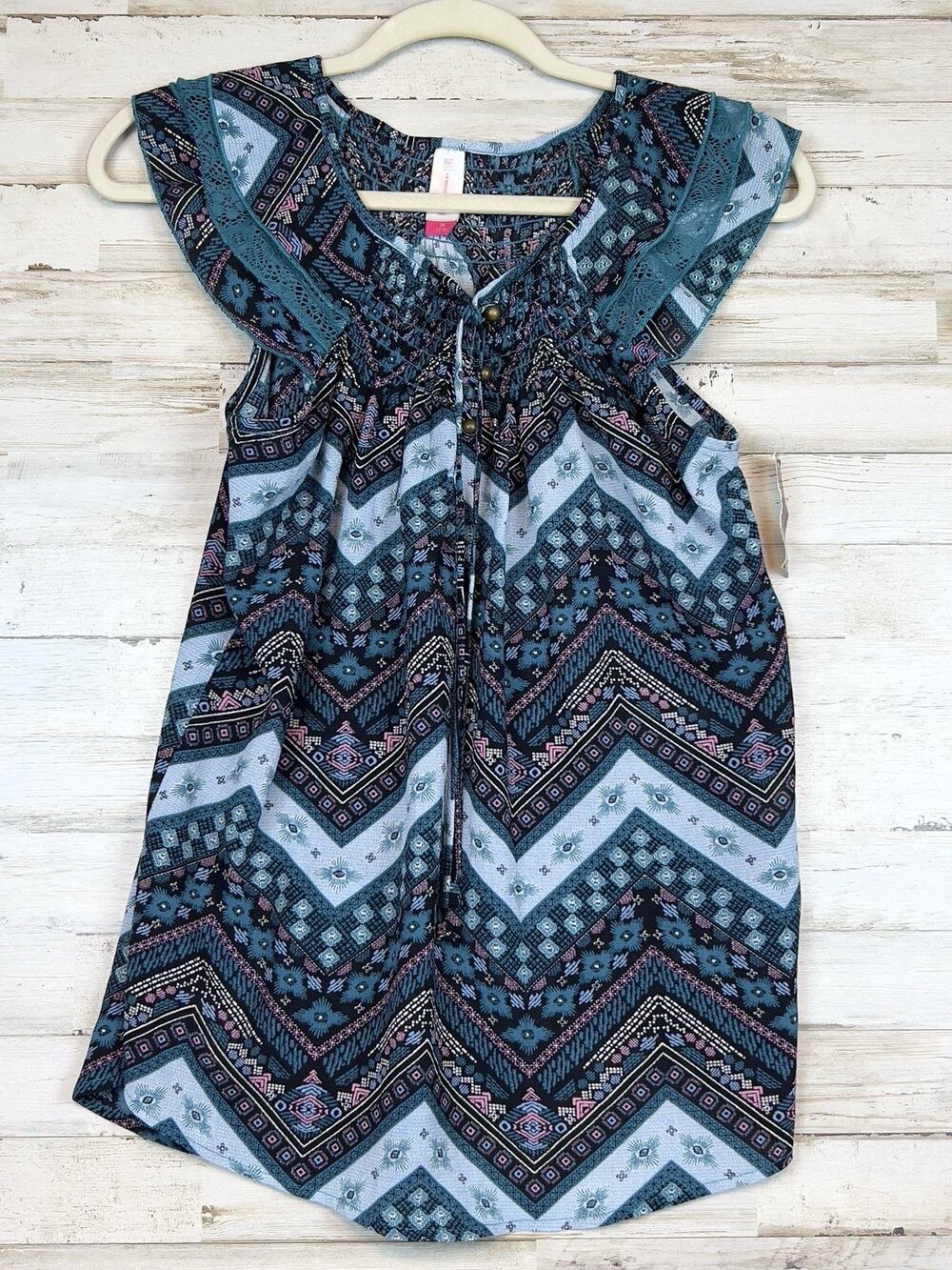 NWT No Boundaries Women's Juniors Teal Med. Smocked Peasant Cap Sleeve Boho